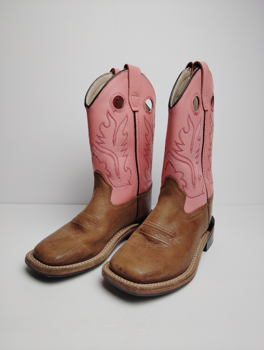 Old West Cowgirl Boots Leather Pink Tan Double Stitch Youth Girl Size 10 M/D